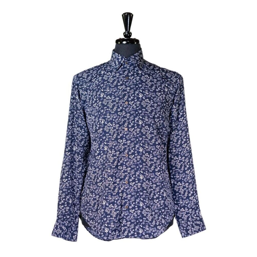 Mens Silky Shirt Button Up Blue White Floral Casual Hawaiian Beach Party Medium